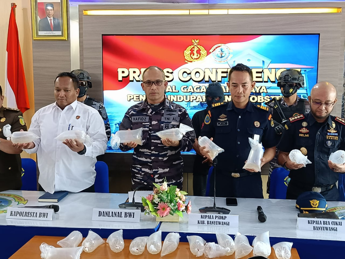 Komandan Pangkalan TNI AL (Danlanal) Banyuwangi Letkol Laut (P) Hafidz, M.Tr.Opsla menunjukan bibit lobster hasil tangkapan tim SFQR Lanal Banyuwangi
