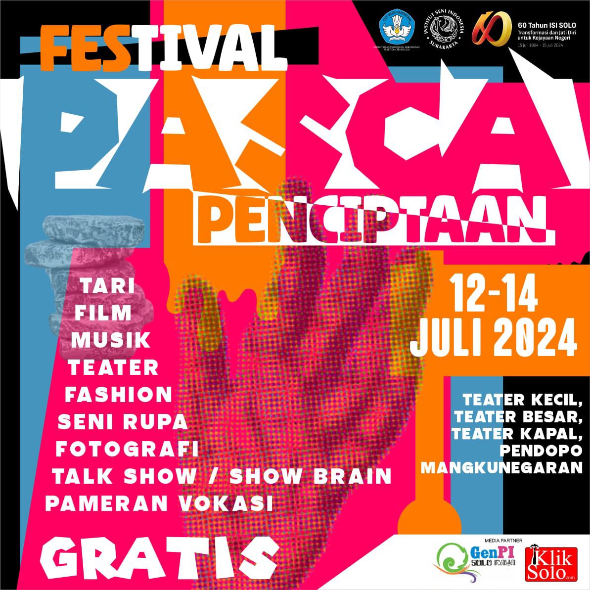 Festival Pasca Penciptaan 2024 akan diselenggarakan oleh Institut Seni Indonesia (ISI) Surakarta, pada 12 s.d. 14 Juli 2024, di Kampus Kentingan dan Mangkunegaran, Jawa Tengah