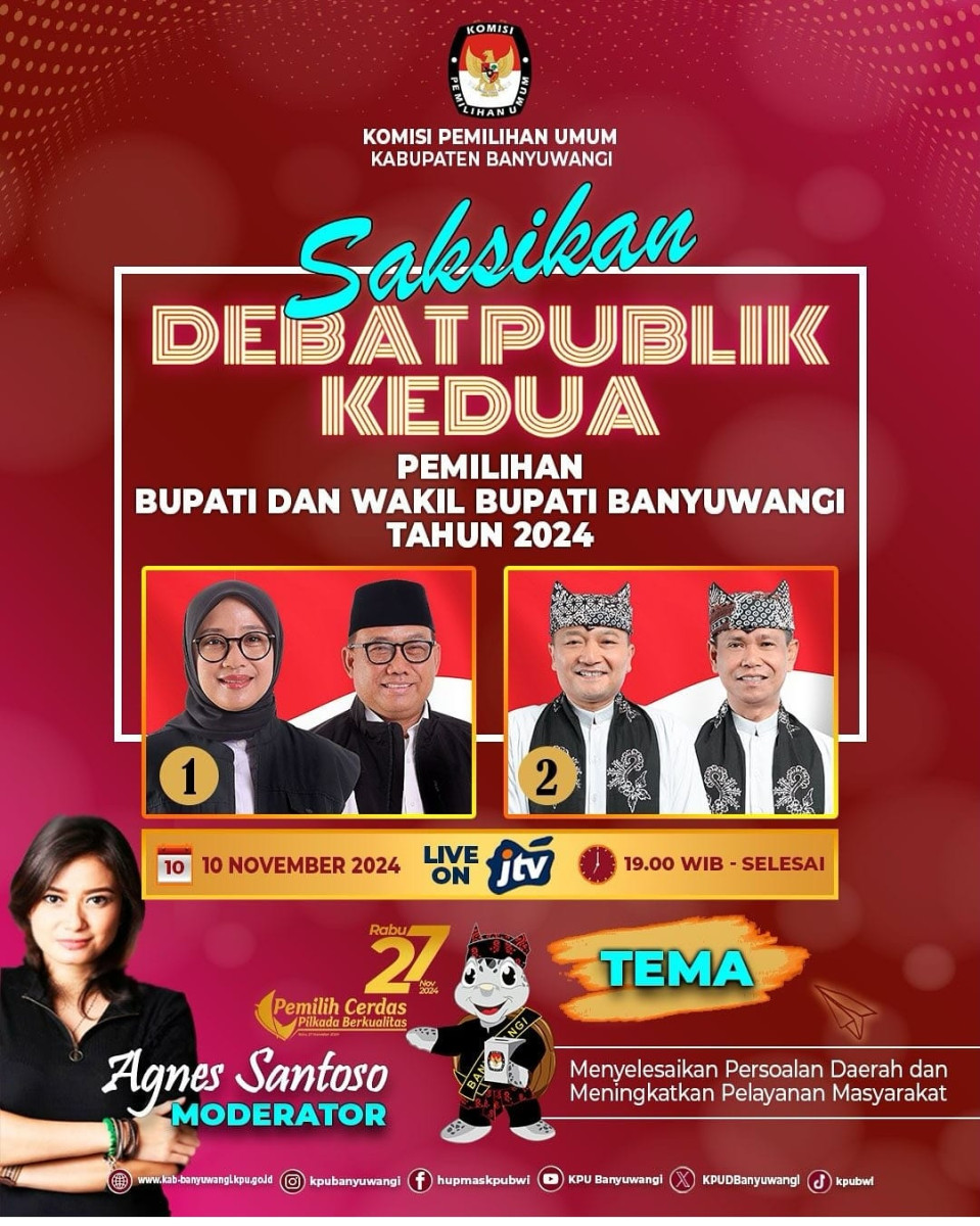 Debat kedua Calon Bupati - Calon Wakil Bupati (Cabup - Cawabup) Banyuwangi kembali digelar KPU Banyuwangi secara live di JTV Surabaya